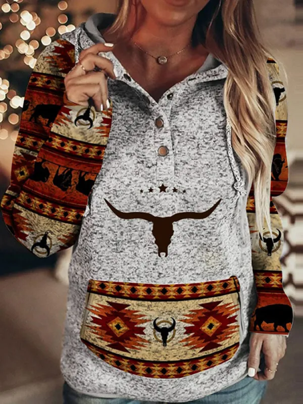 Western Print Paneled Long Sleeve Hoodie