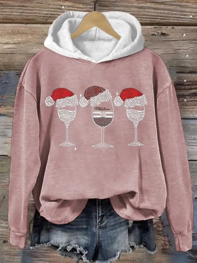 Women's Christmas Red Wine Glass Retro Casual Print Sweatshirt