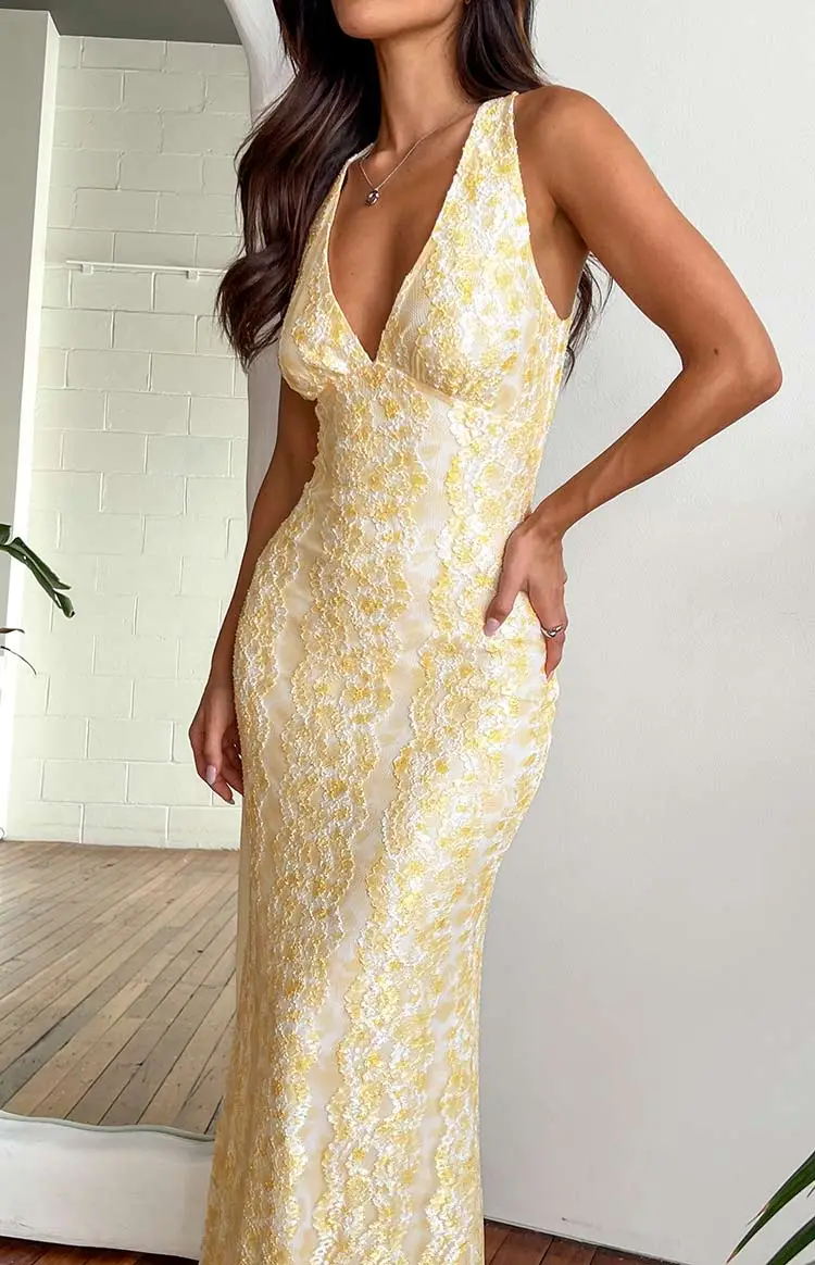 Farida Yellow Lace Maxi Dress