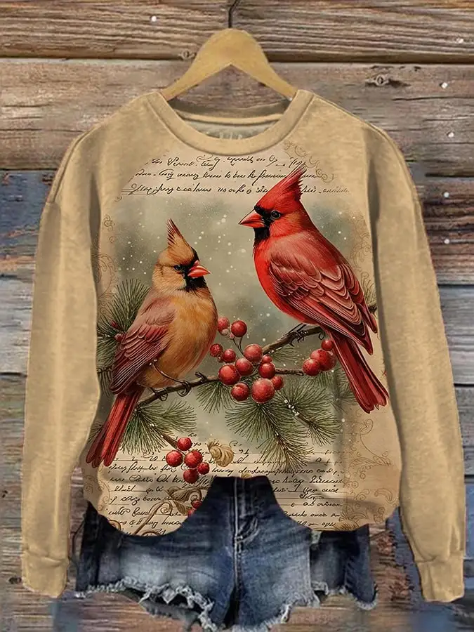 Women's Christmas Vintage Cardinal Bird Print Sweatshirt