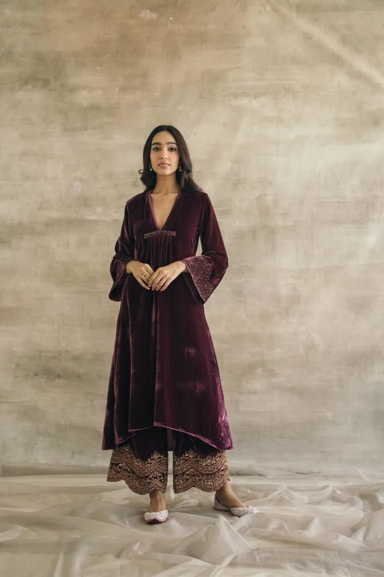 Wine Asymmetrical Silk Velvet Kurta Set