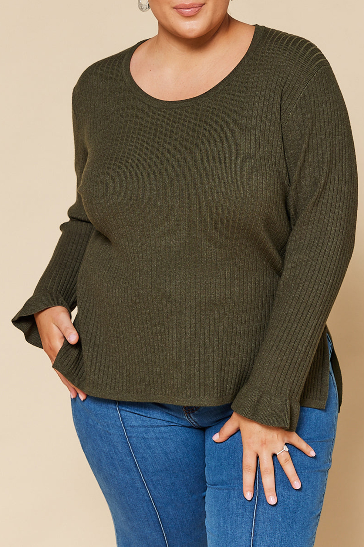 Long Sleeve Knitted Top In Khaki