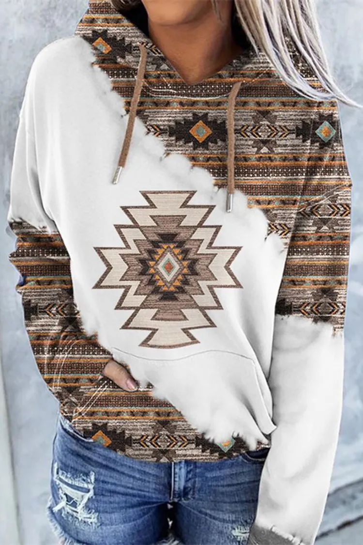 Western Vintage Print Casual Long Sleeve Hoodie