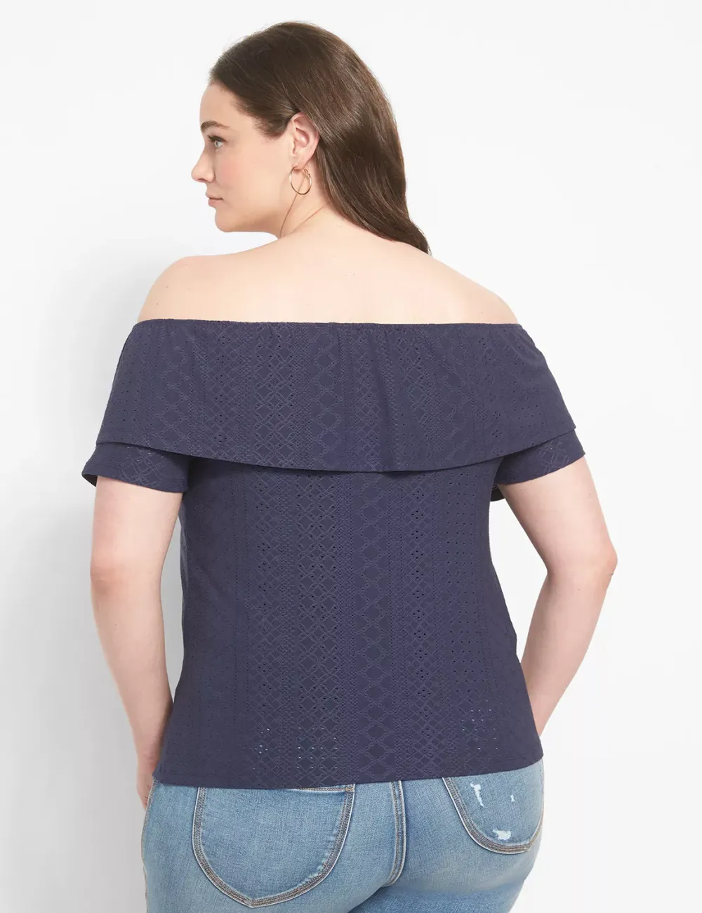 Classic Ruffle Off-The-Shoulder Eyelet Knit Top