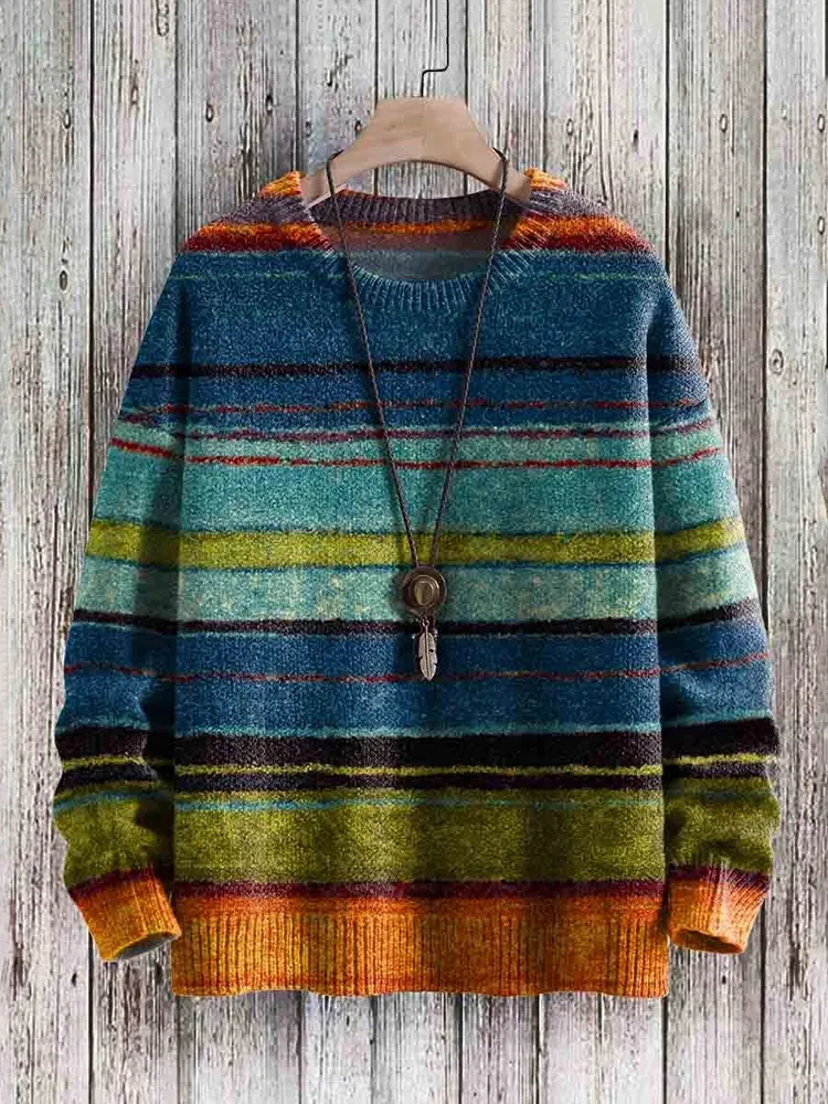 Vintage Striped Print Crew Neck Long Sleeve Sweater