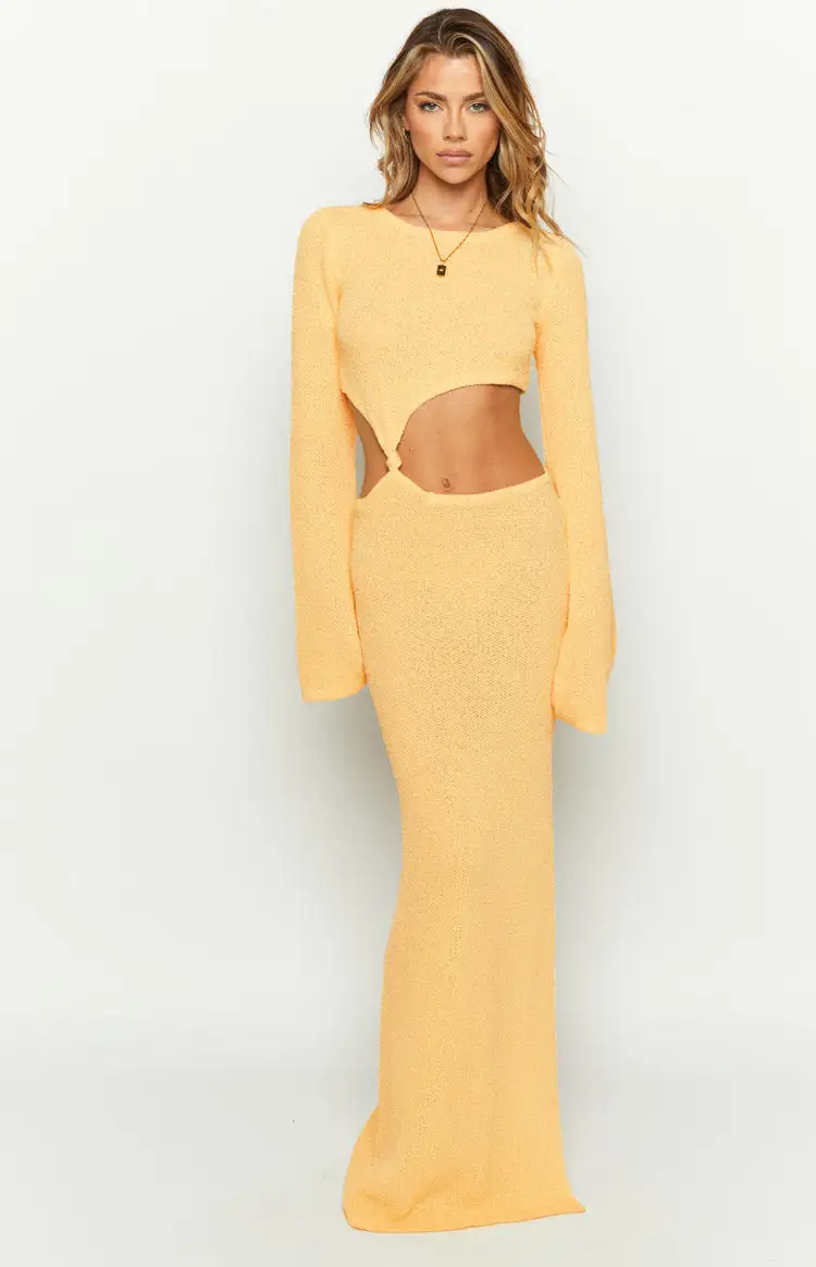 Arya Yellow Long Sleeve Knit Maxi Dress