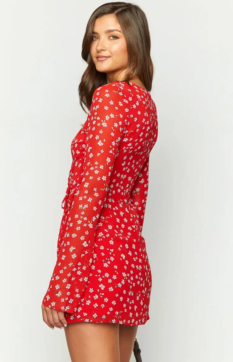 Goldie Red Floral Long Sleeve Mini Dress