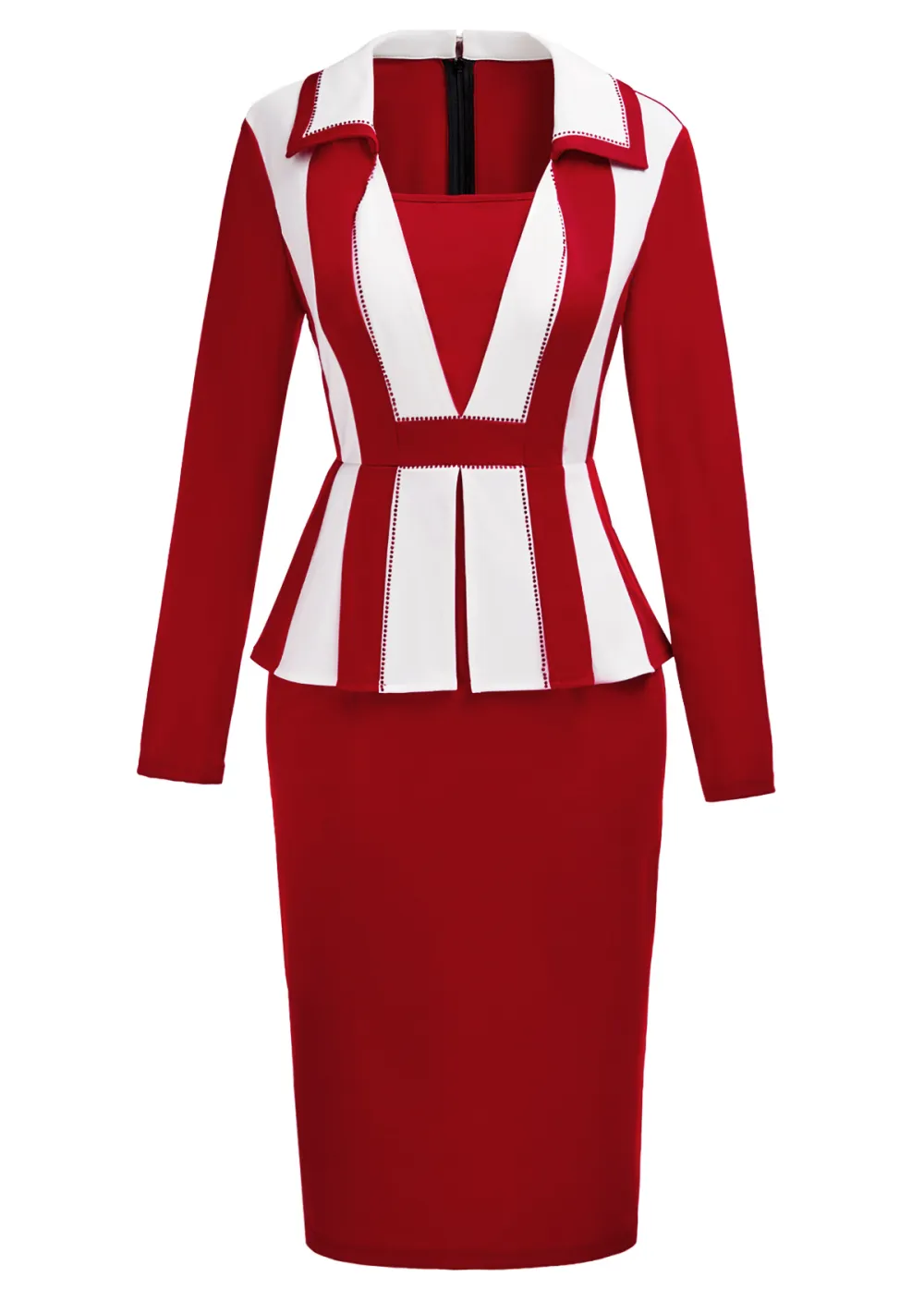 Patchwork Wine Red Long Sleeve Square Neck Bodycon Dress