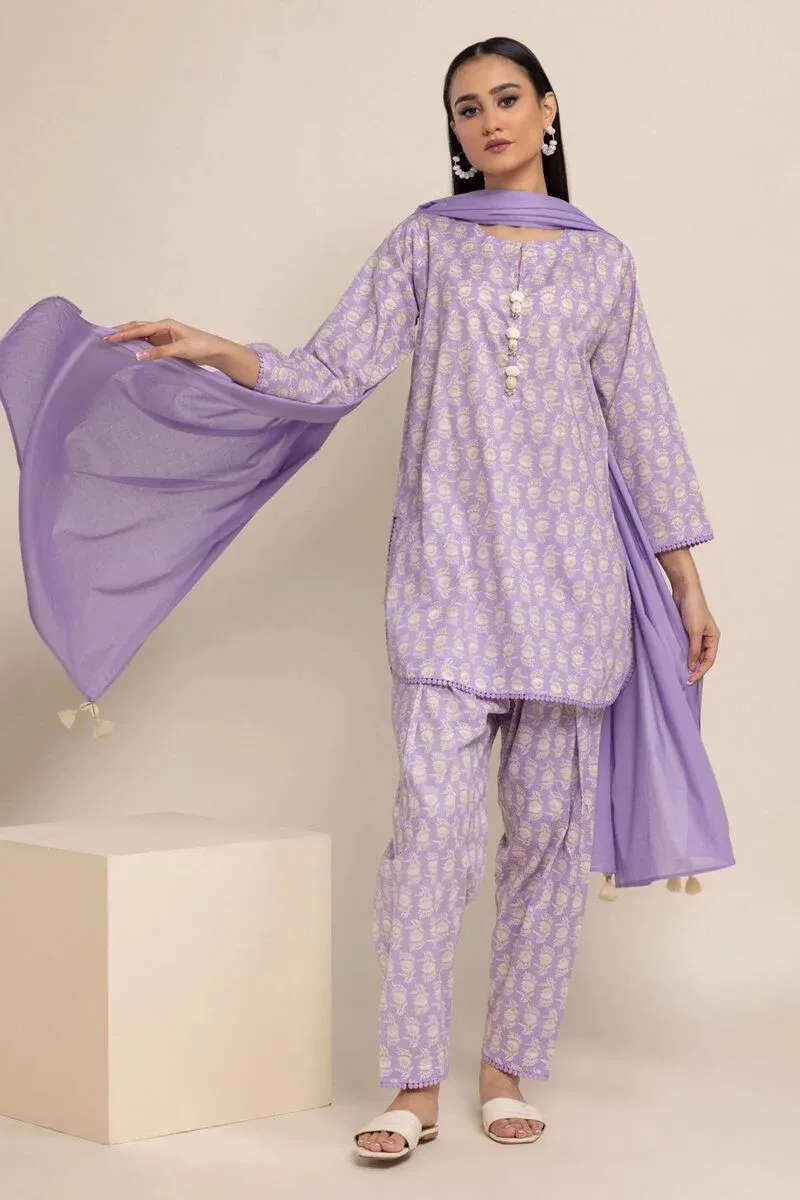 3 Piece Kurta Embroidered | Dupatta& Bottom & Tops | Color Purple