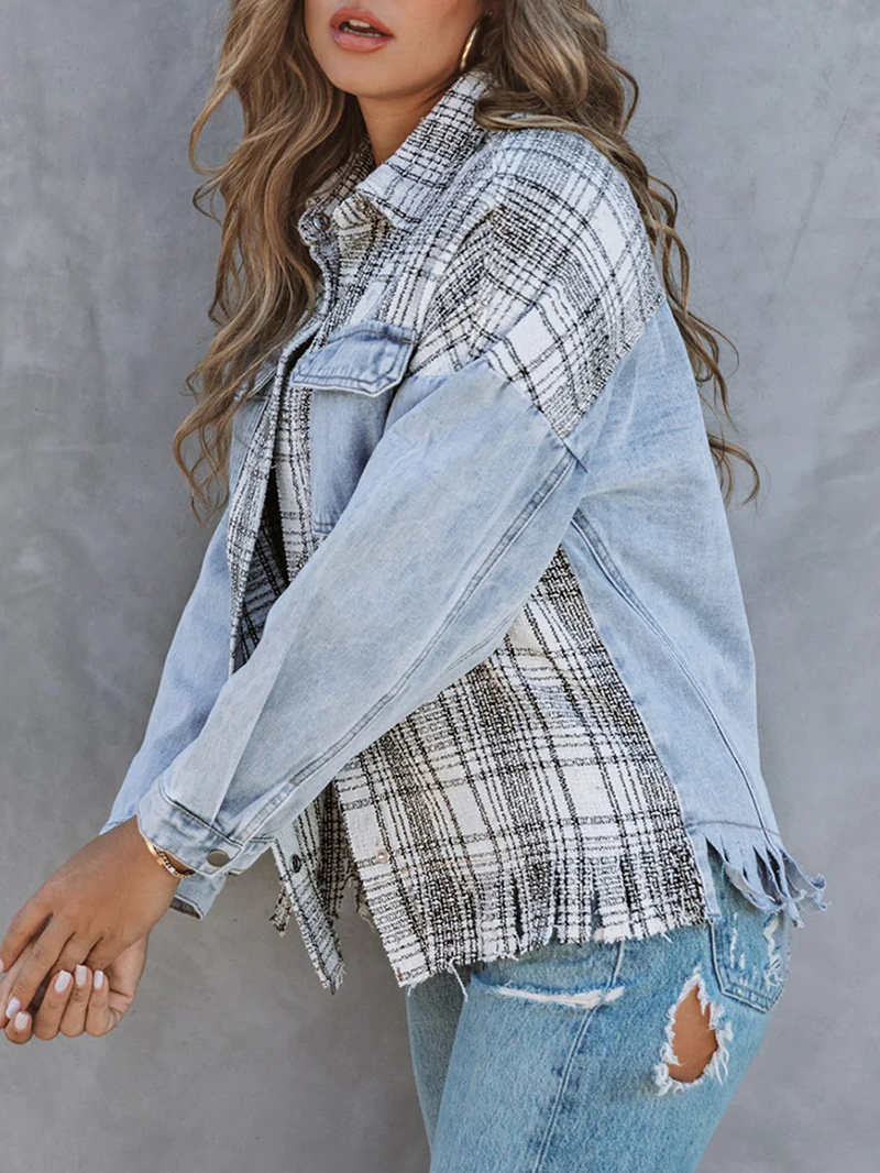 Casual plaid fringed denim jacket