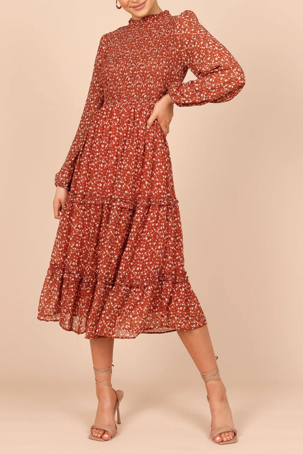 EDWINA SHIRRED FRILL LONG SLEEVE MIDI DRESS - NAVY FLORAL