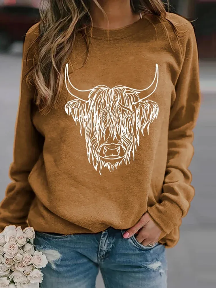 Highland Cow Printed Casual Long Sleeve Sweatshirt