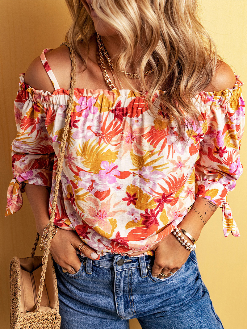 FLORAL KNOT PLEATED SHIRRED OFF THE SHOULDER SHEATH CASUAL BLOUSE