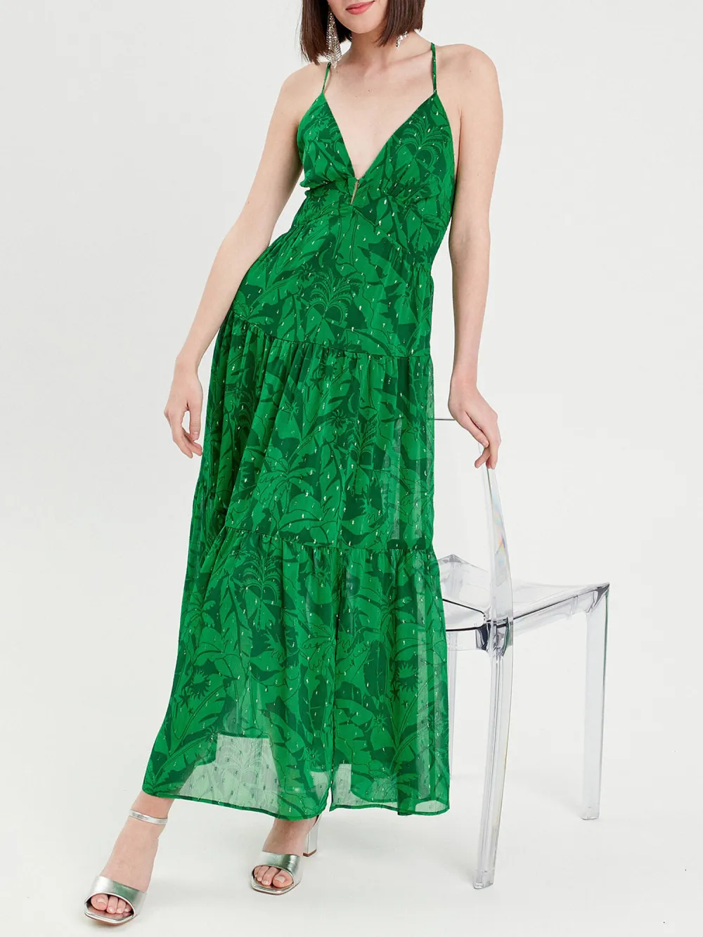 Robe longue évasée bretelles vert femme