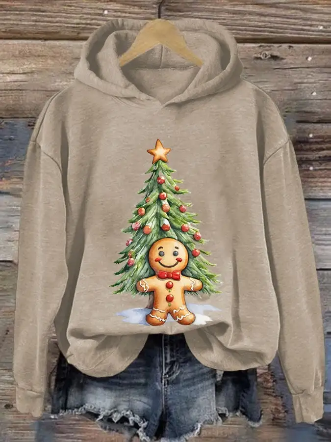 Women's Christmas Gingerbread Man Print Casual Hooded