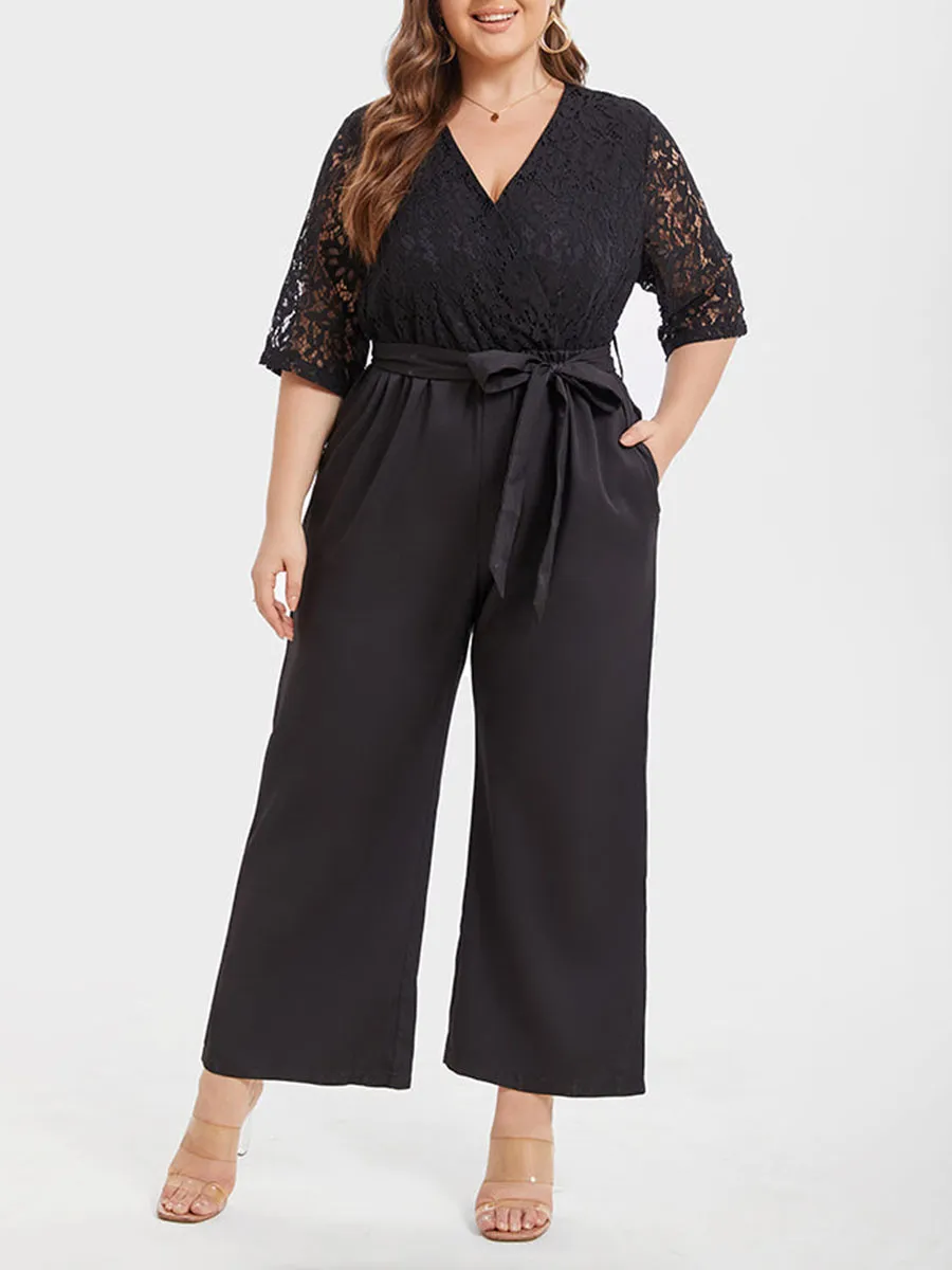 Contrast Lace Pocket Belted Jumpsuit