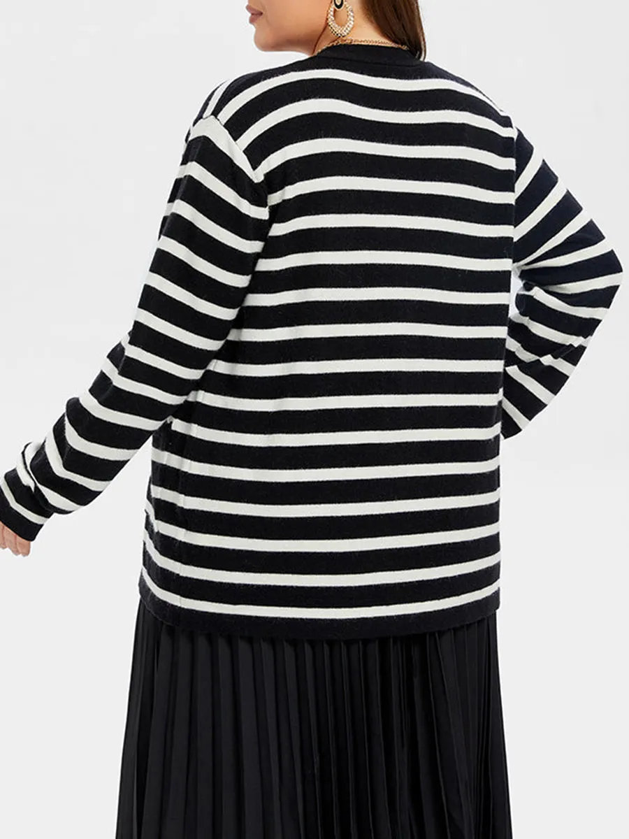 Striped Pattern Double Pocket Button Front Tunic Cardigan