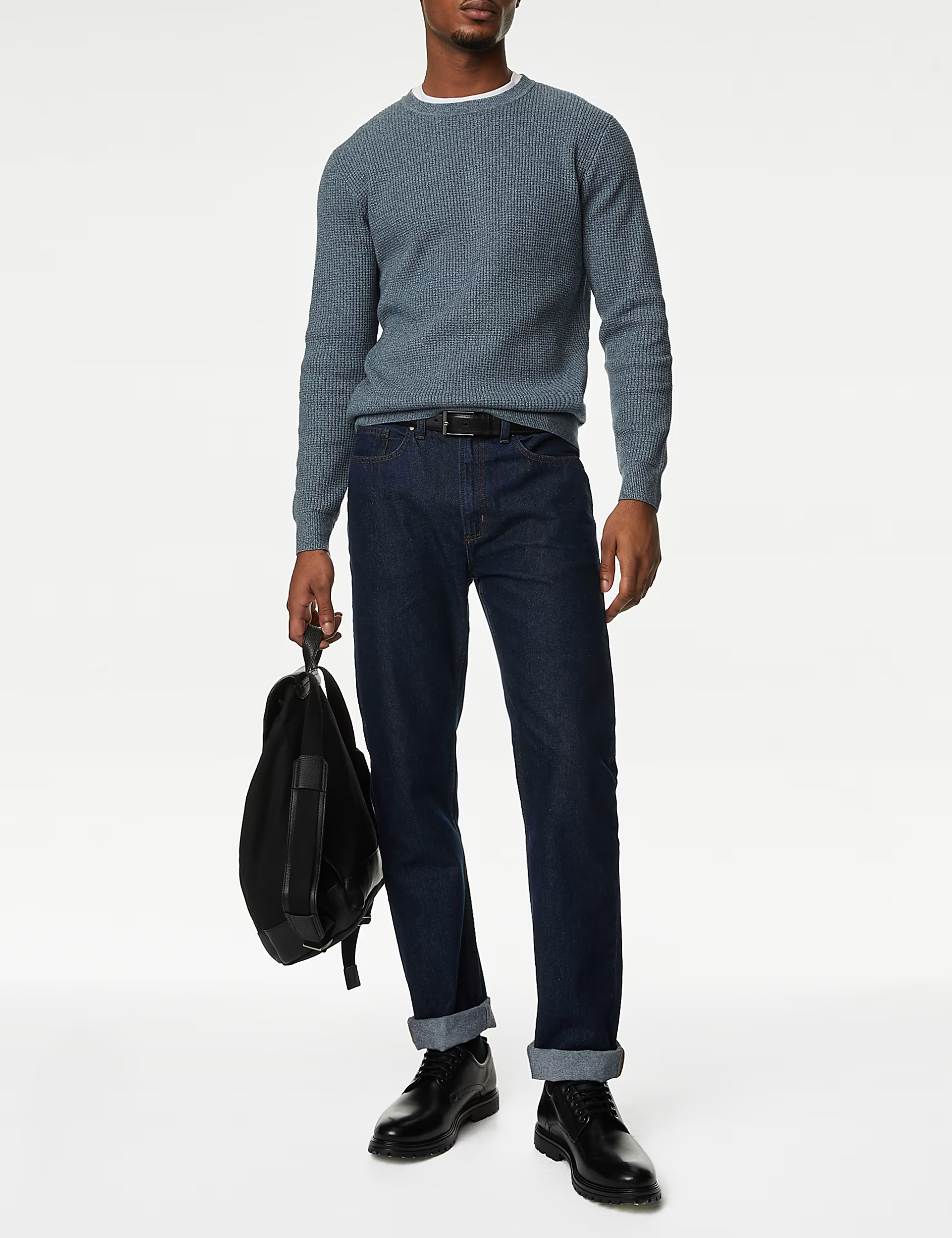 Cotton Blend Textured Crew Neck Jumper