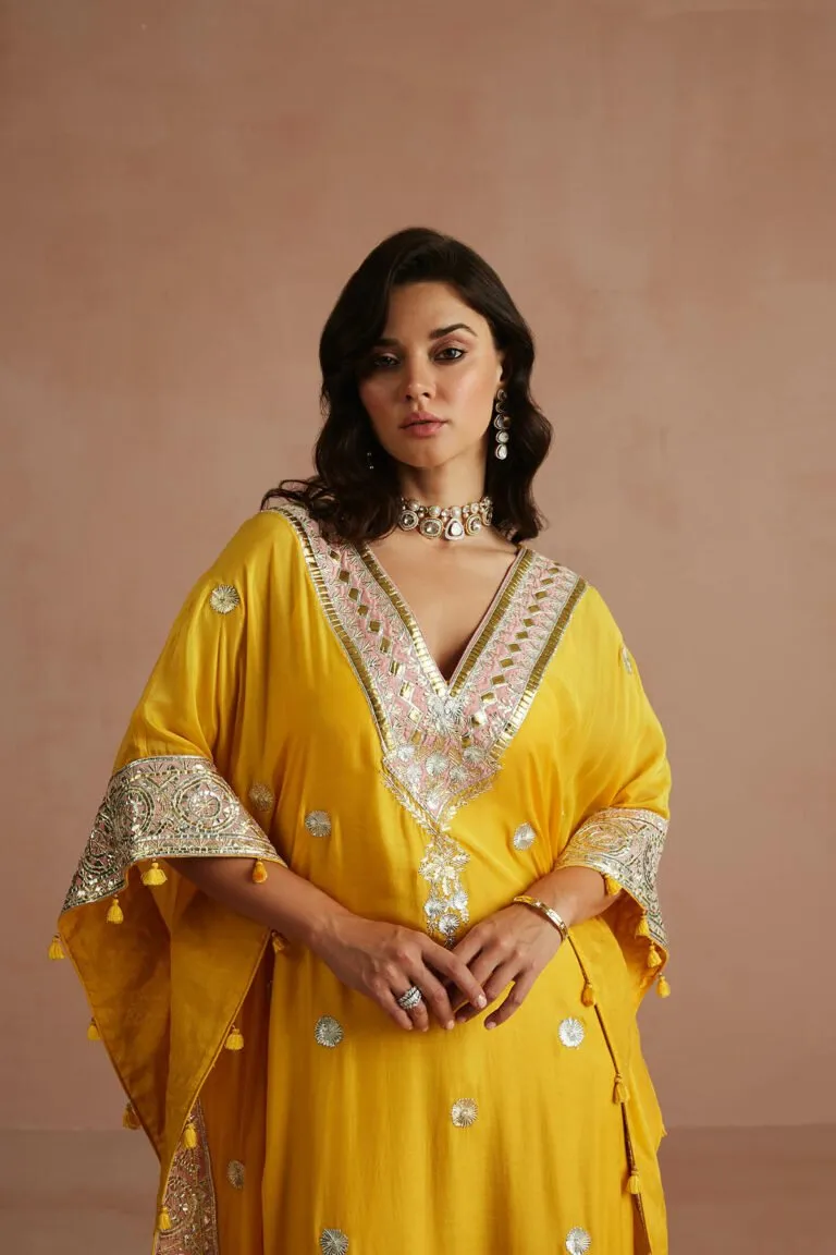 Yellow Gota Embroidered Kaftan