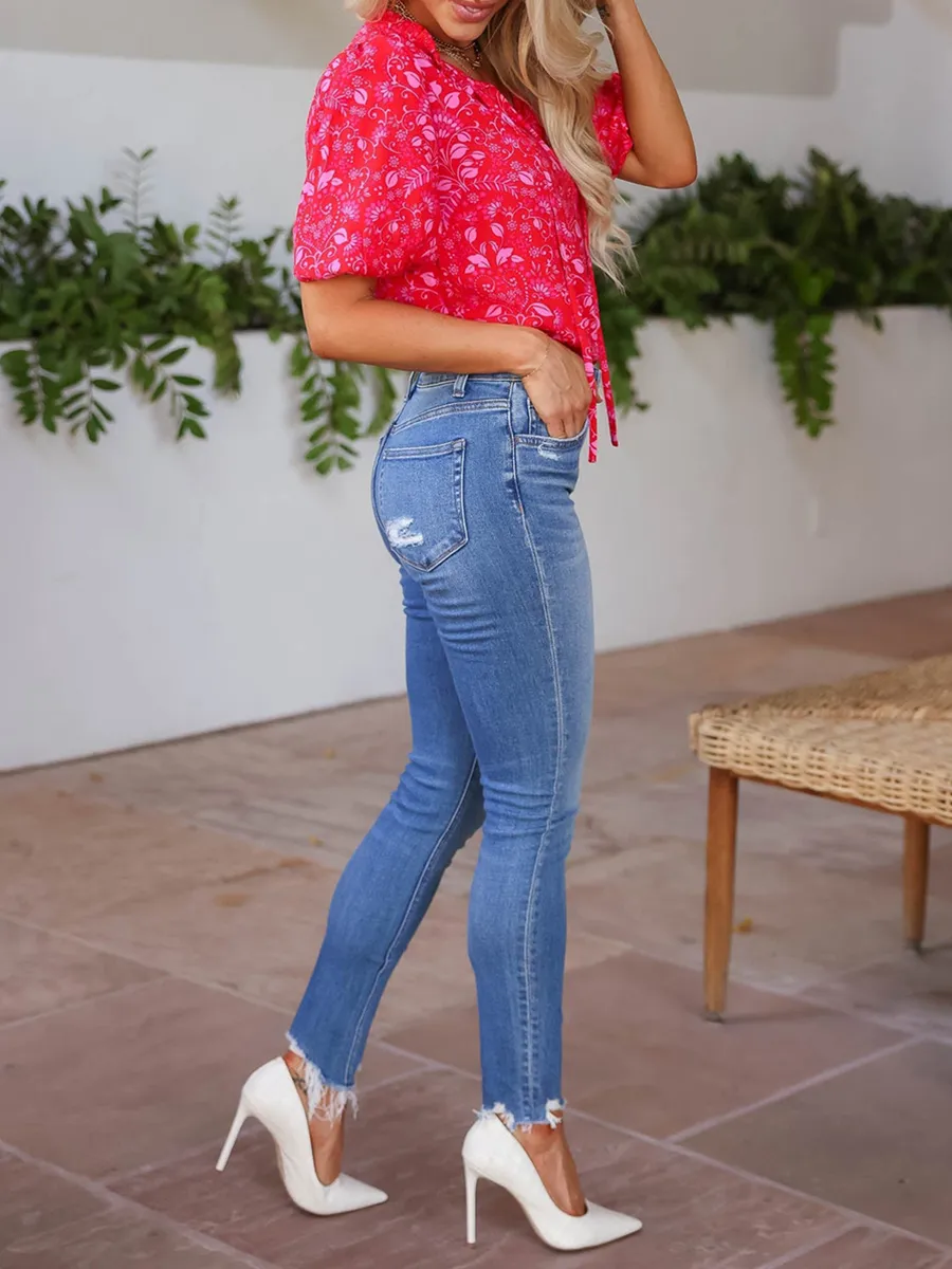 Pink Flower Bubble Sleeve Lace Up Top