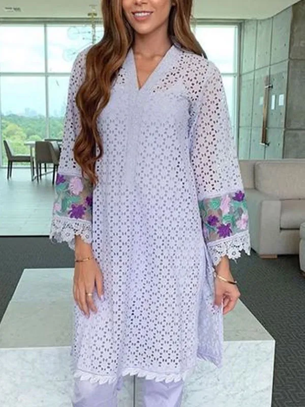 Hollow Long Sleeve Ethnic Style Ladies Suit