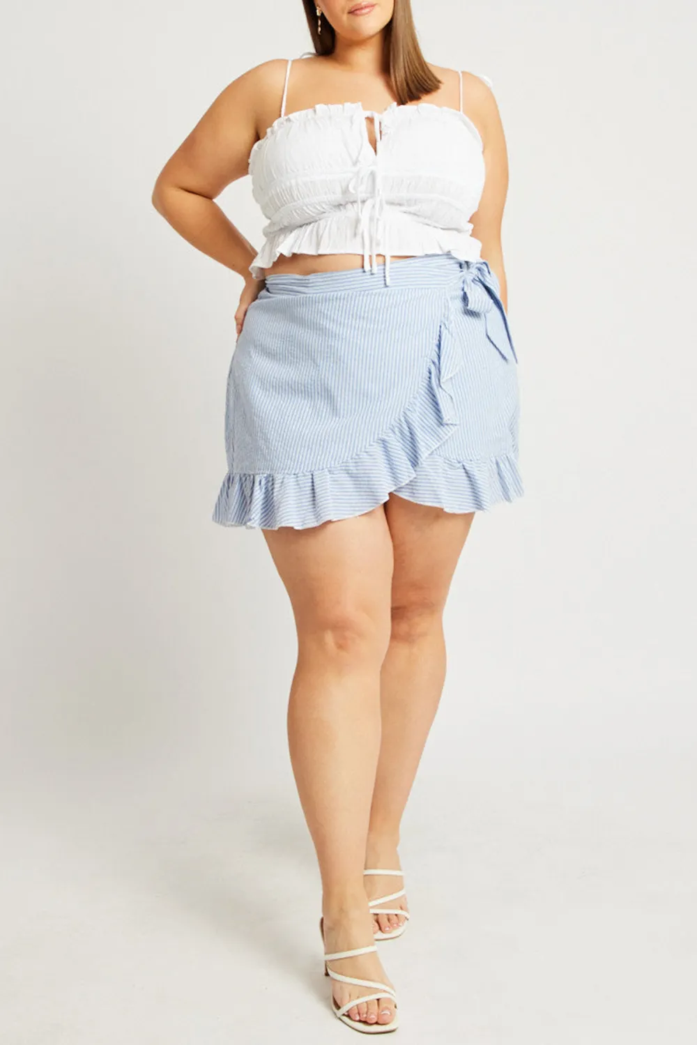 Blue Stripe Wrap Frill Miniskirt