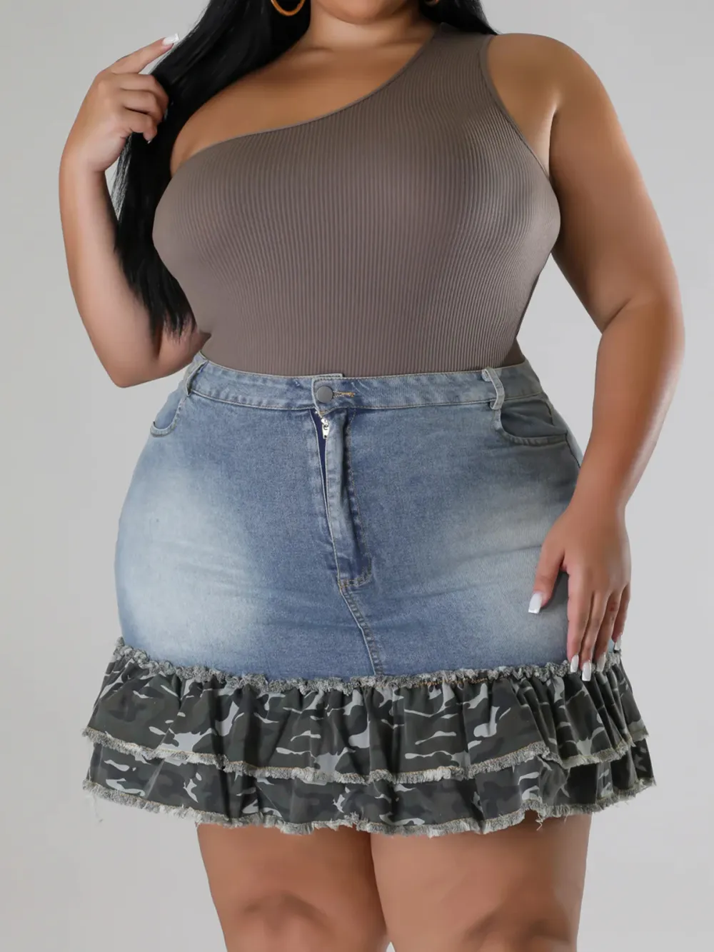 Plus-Size Fashion Women'S Camouflage Ruffled Denim Skirt