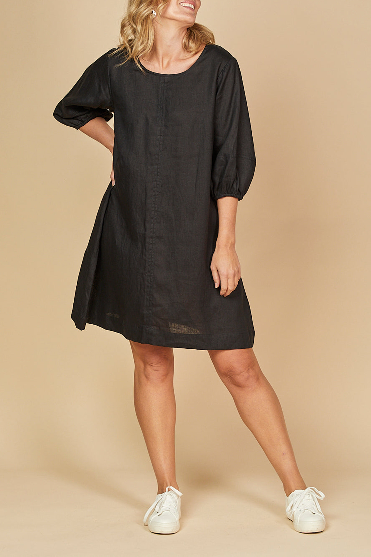 Hazel Short Linen Shift Dress in Black