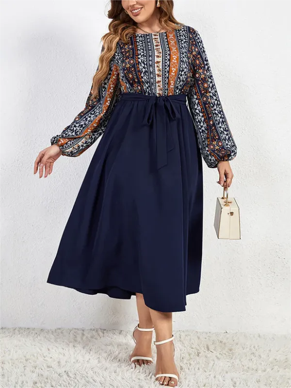 Plus Blue Floral Printed Lantern Sleeve Dress