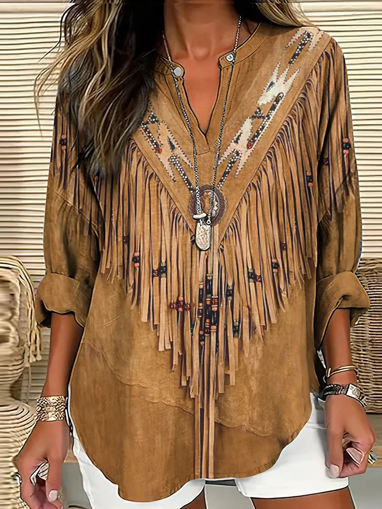 Vintage Western Tassels Print Loose Casual Cotton Linen Shirt