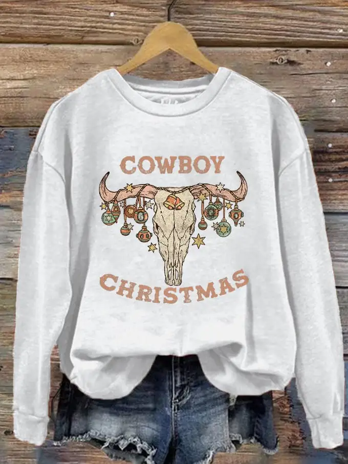 Women's Cowboy Christmas Bull Head Printed Sweatshirt