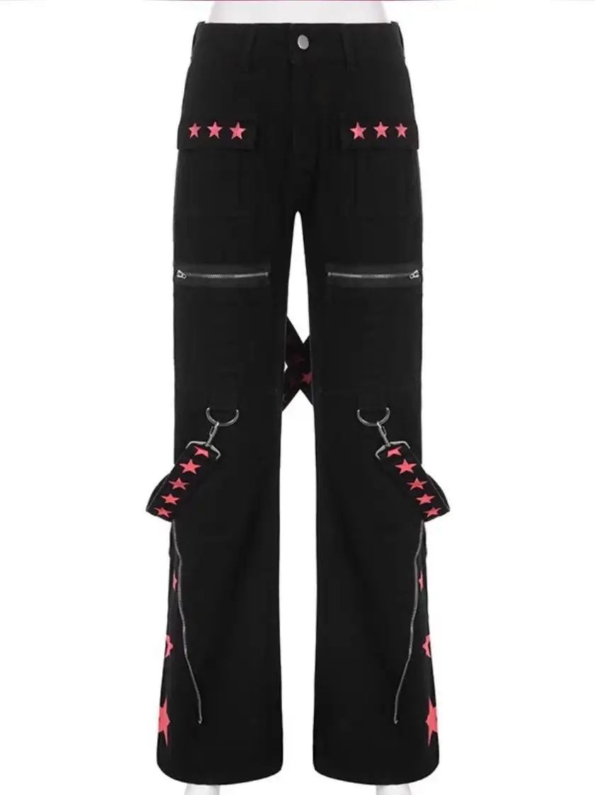 Contrasting Color Ribbon Metal Decorative Splicing Pants