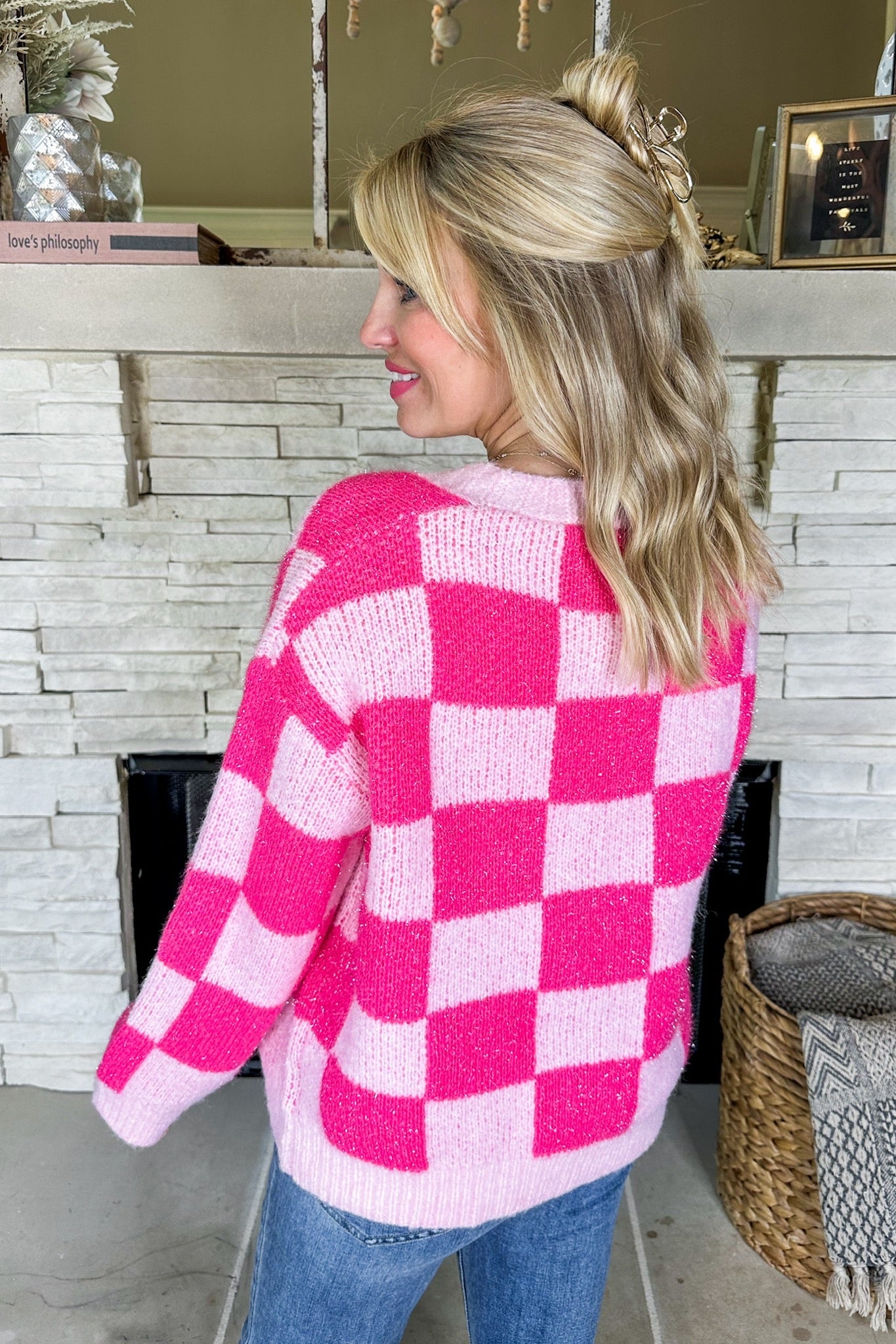 Pink Checkered V Neck Button Down Cardigan