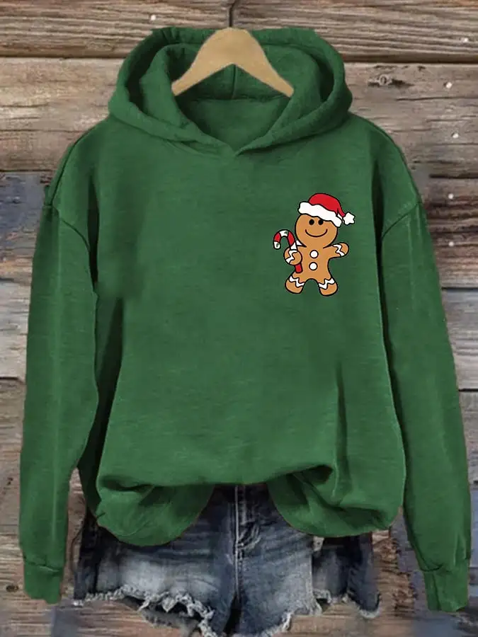 Women's Christmas Gingerbread Man Print Casual Hooded