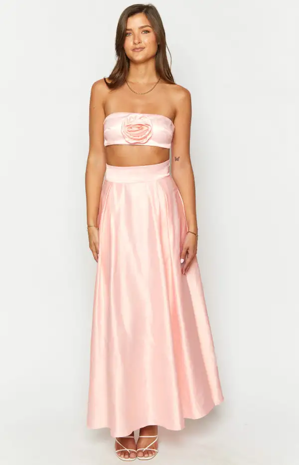 Nakiyah Pink Satin High Waisted Maxi Skirt