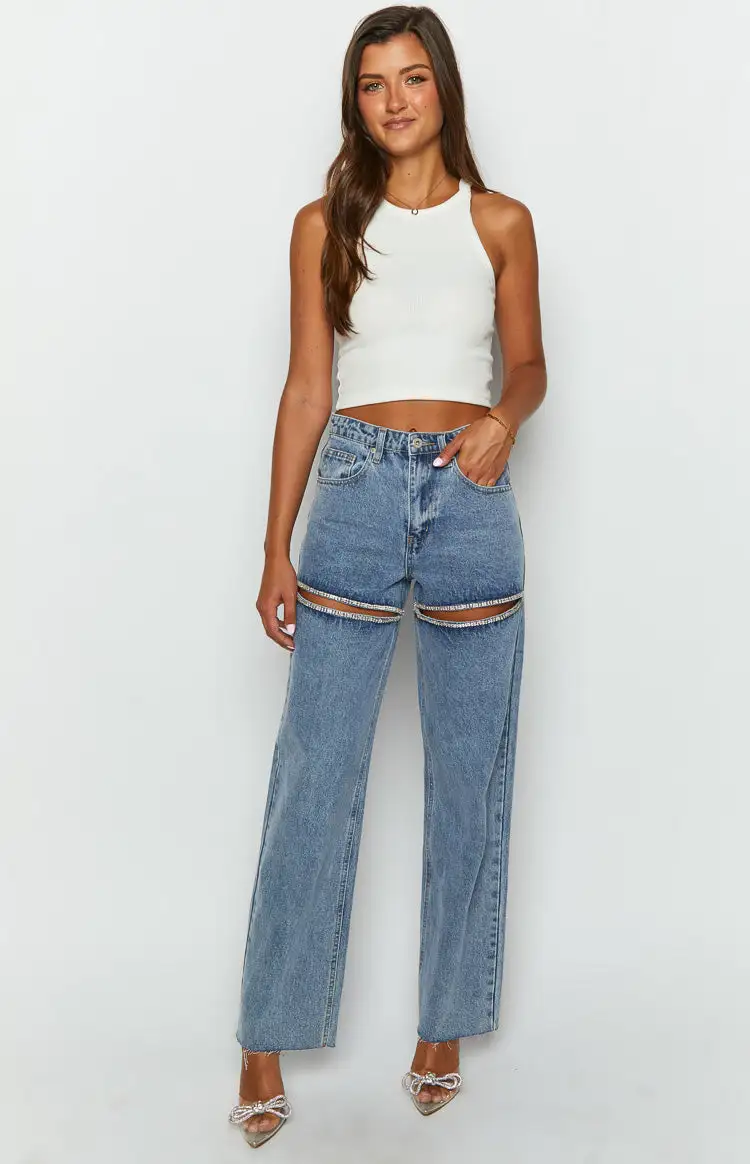 Gem Diamante Trim Wide Leg Denim Jeans