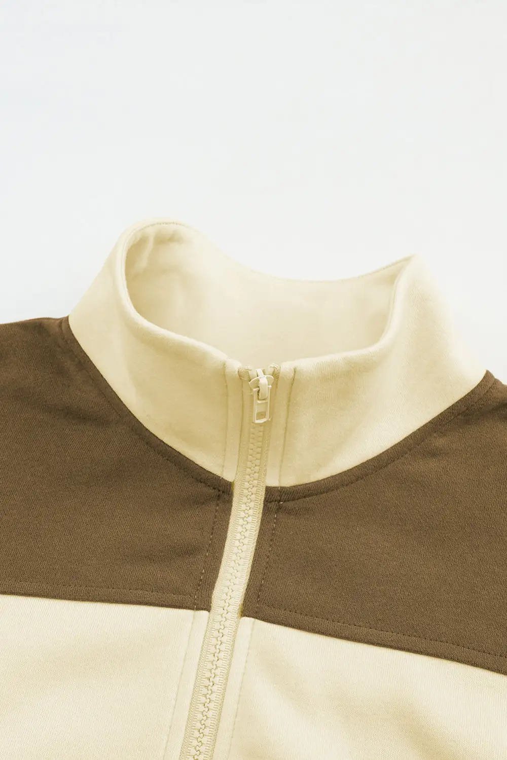 Beige Color Block Drawstring Cropped Athleisure Jacket