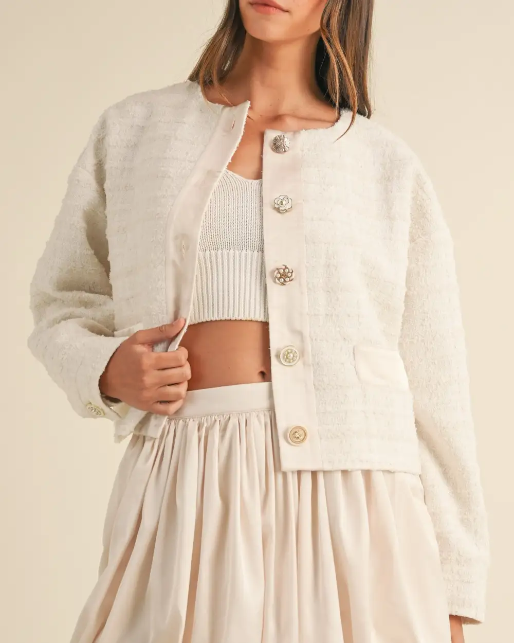 Jewel Button Up Tweed Jacket - Cream