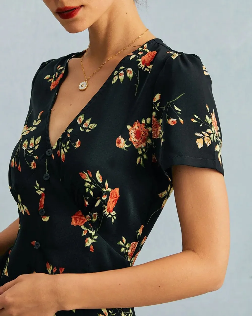 Black V-neck floral dress