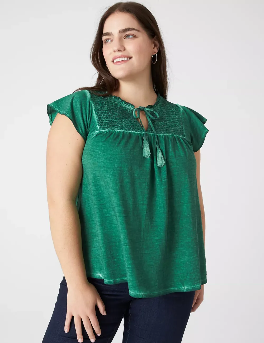 Swing Ruffle-Neck Smocked-Yoke Tee