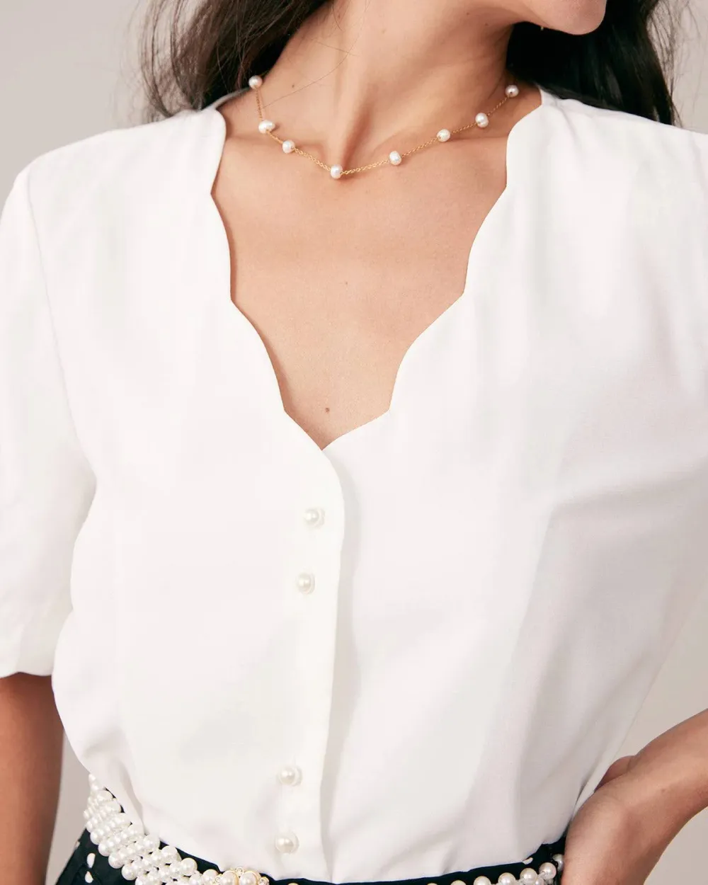 The Ruffle Neckline Pearl Button Shirt