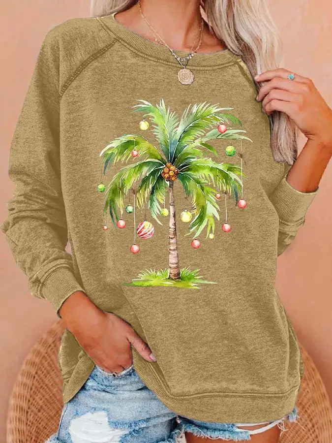 Women'S Casual Christmas Palm Tree Printed Long Sleeve Sweatshirt