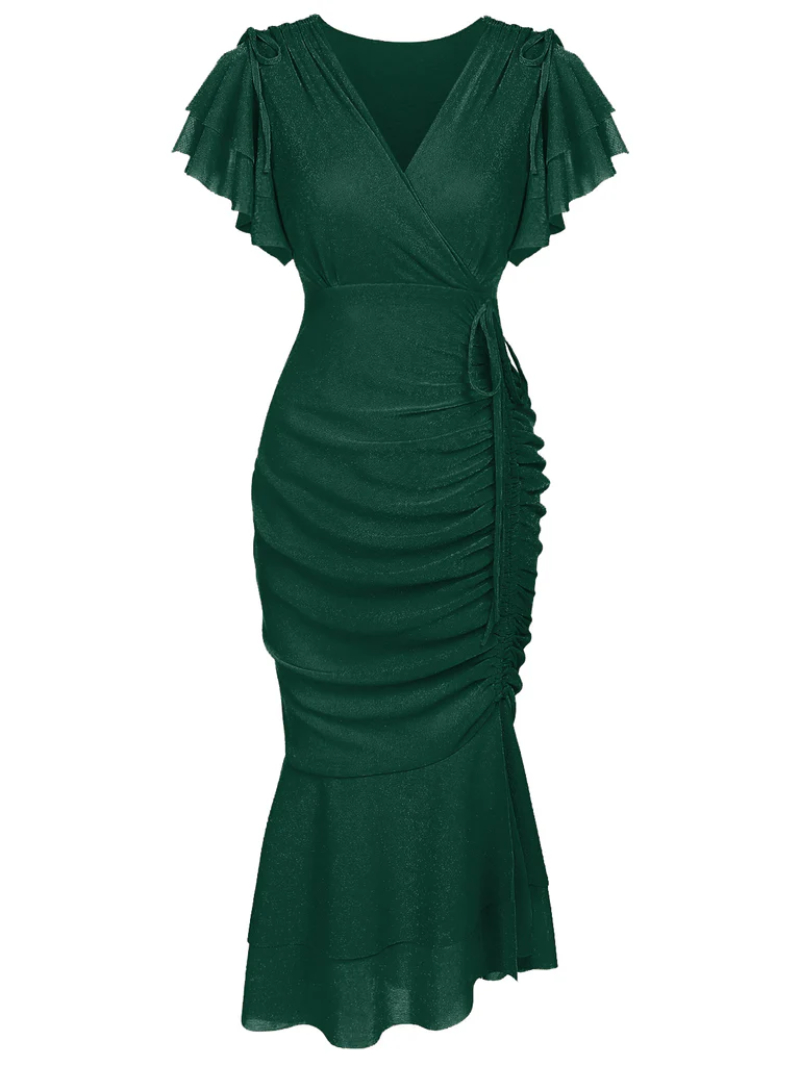 1930S RUFFLE LACE-UP FISHTAIL DRESS