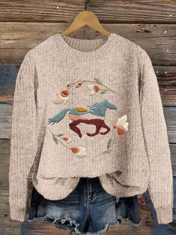 Floral & Running Horse Embroidered Sweater