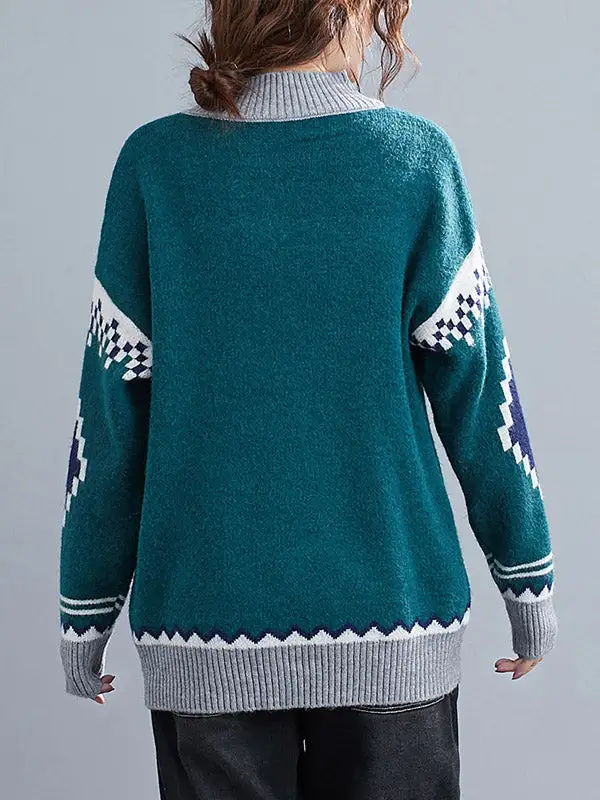 Artistic Retro Loose Color Matching High-Neck Long Sleeves Knitted Sweater Tops