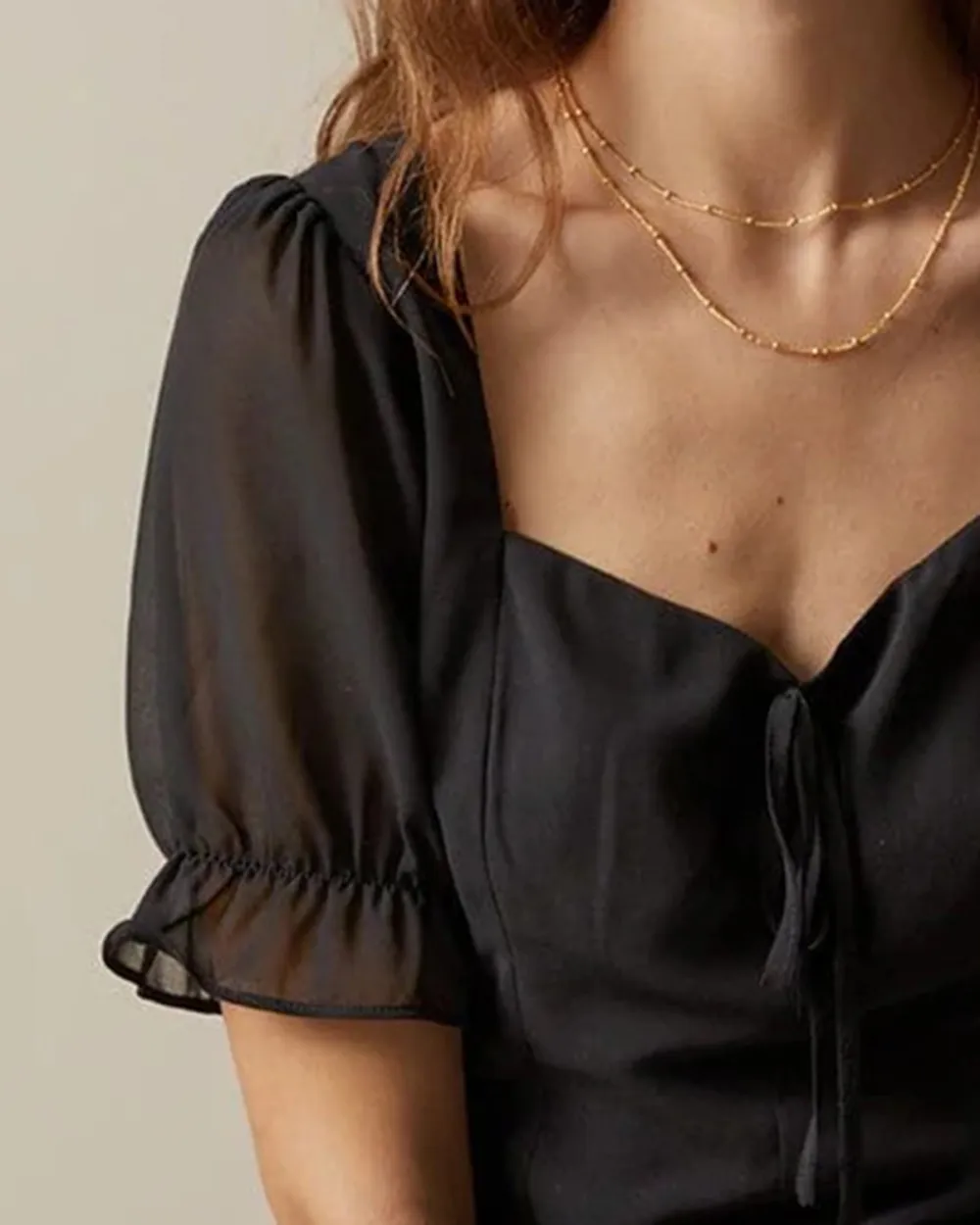 The Black Sweetheart Neck Puff Sleeve Sheer Blouse