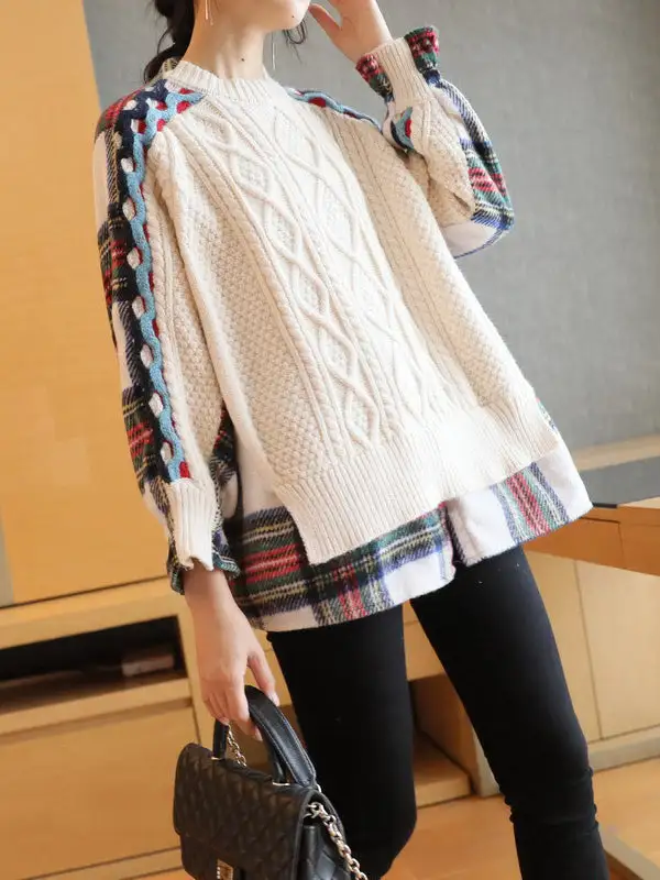 False Two Pullover Plaid Knitwear Splicing Sweater