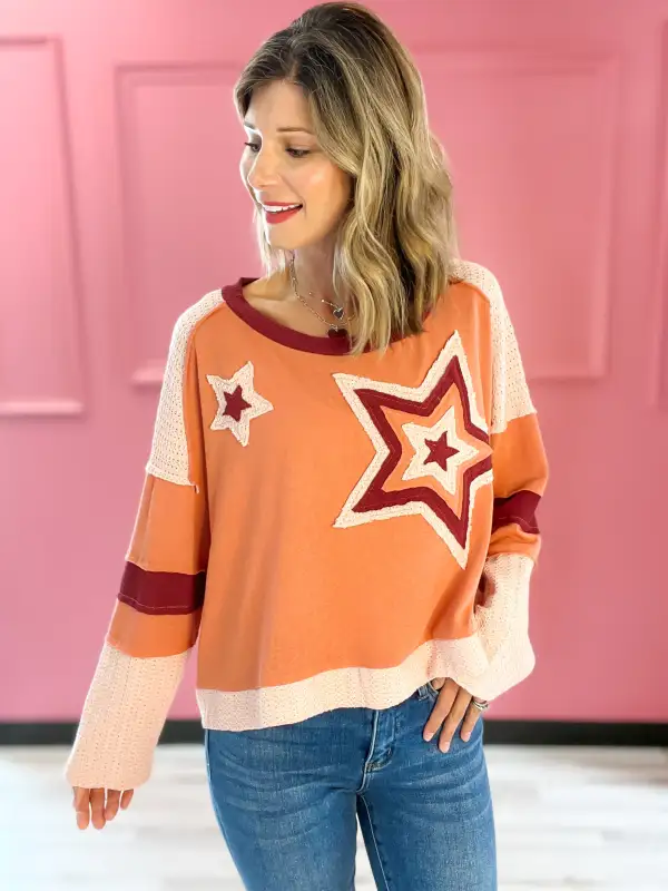 A Star Is Born Star Patch Long Sleeve Cropped Knit Top - B