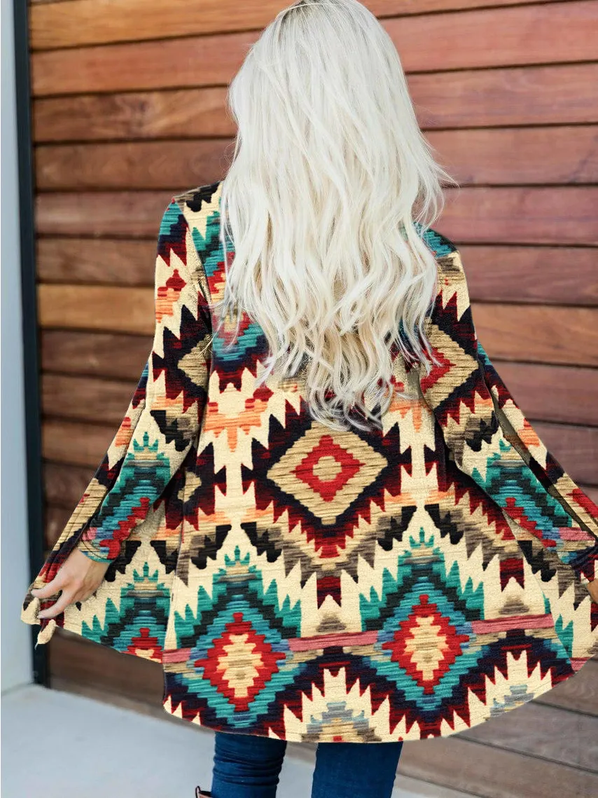 Ethnic Knit Floral Western Print Casual Cardigan