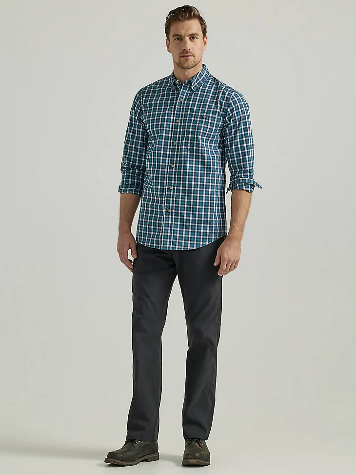 WRANGLER RUGGED WEAR® LONG SLEEVE WRINKLE RESIST PLAID BUTTON-DOWN SHIRT IN TEAL NAVY